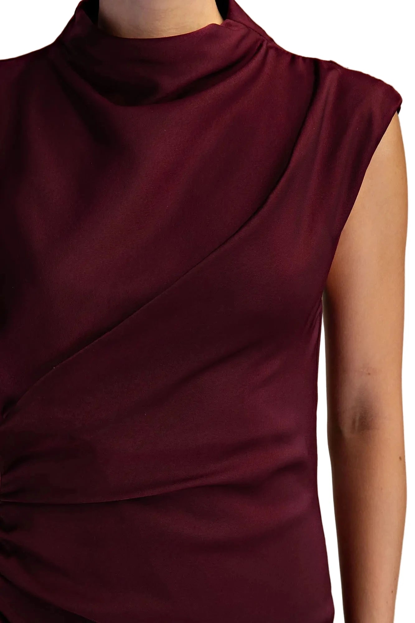 Luna Asymmetrical Draped Mock Neck Satin Top