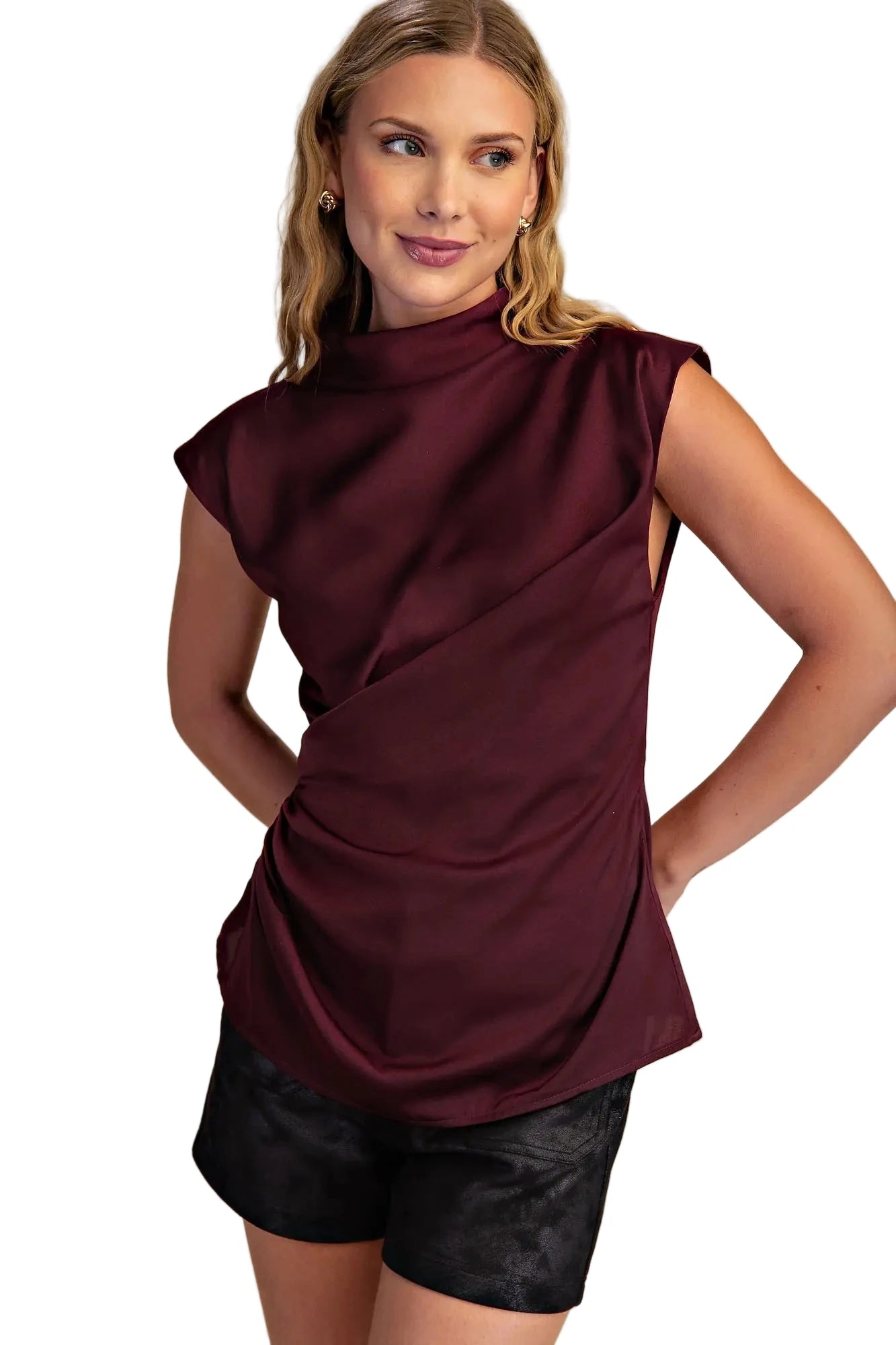 Luna Asymmetrical Draped Mock Neck Satin Top