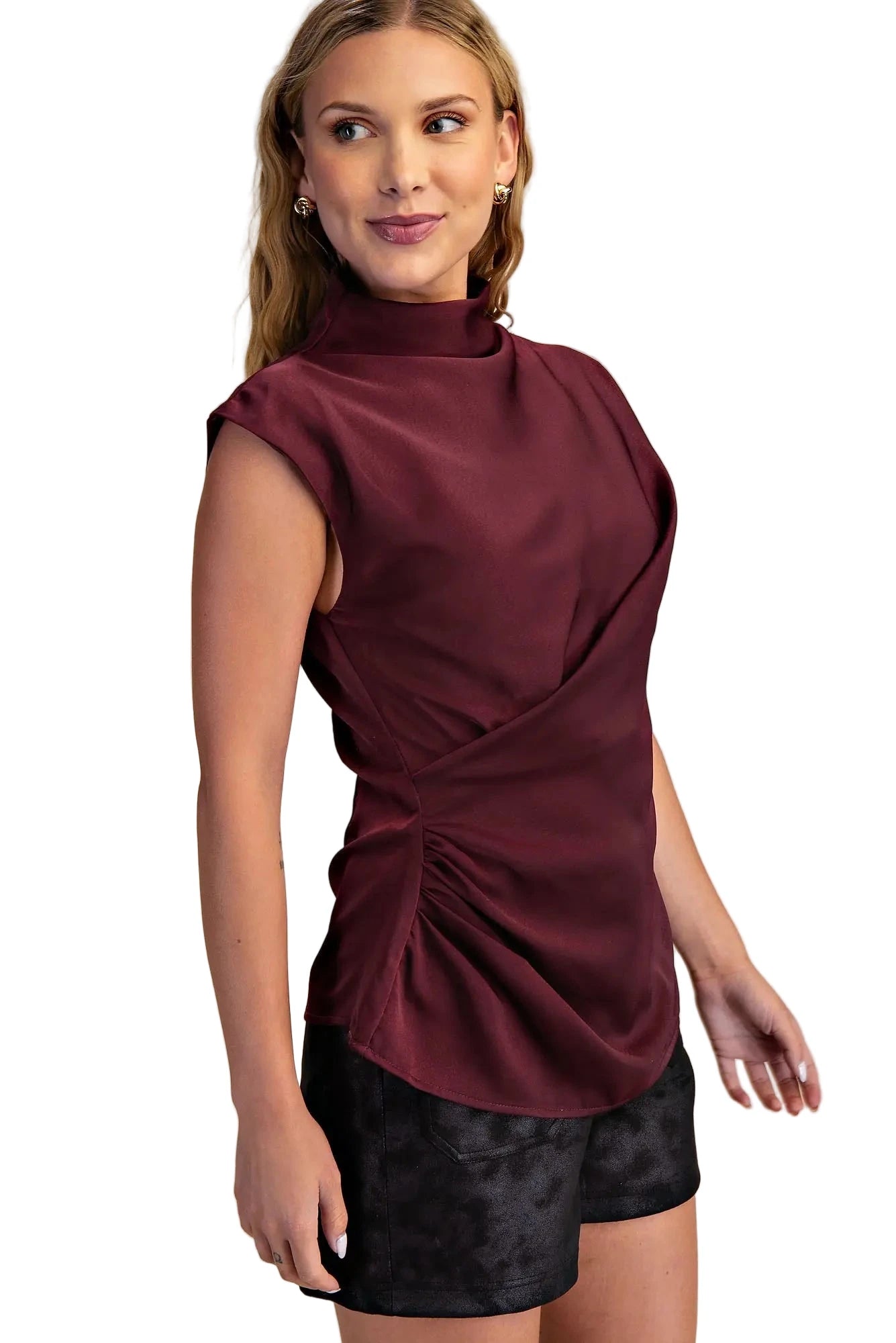 Luna Asymmetrical Draped Mock Neck Satin Top