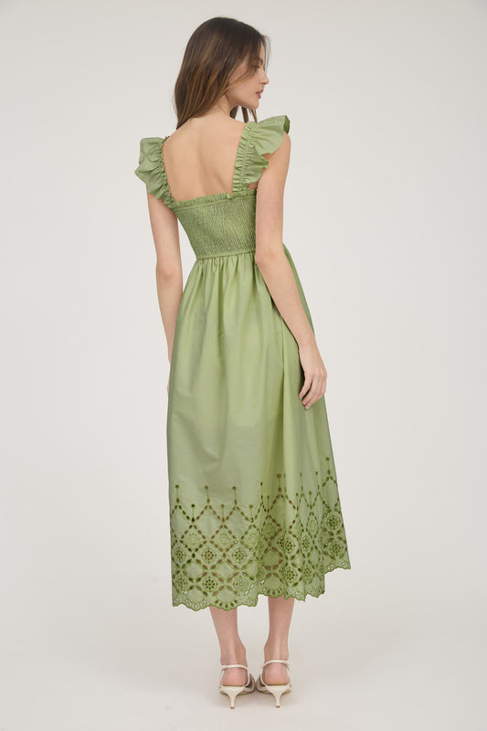 Ava Smocked Ruffle Sleeve Eyelet Hem Midi Dress