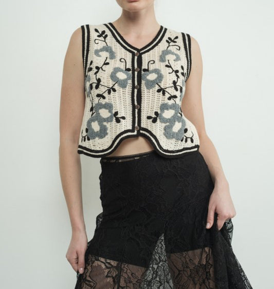 Embroidered Floral Crochet Vest