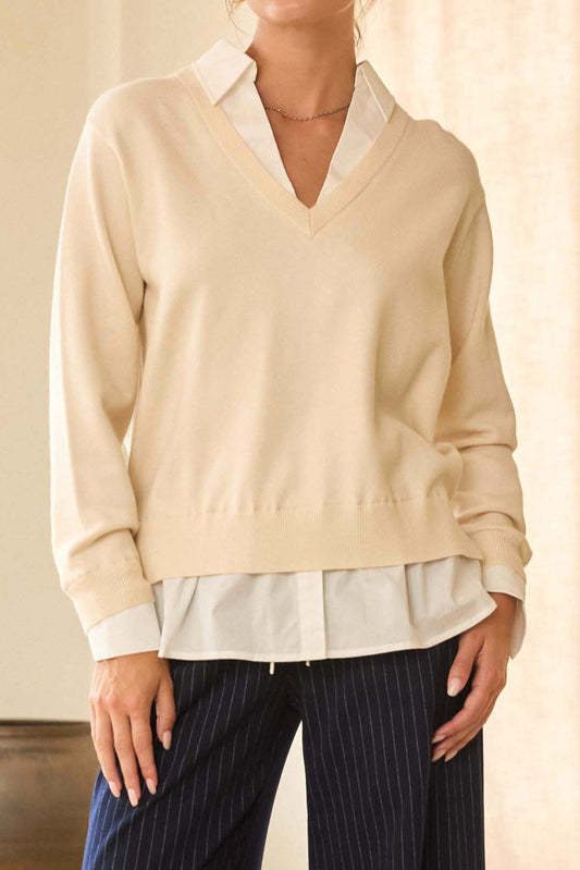 Teri Layered Look V-neck Mixed Media Sweater