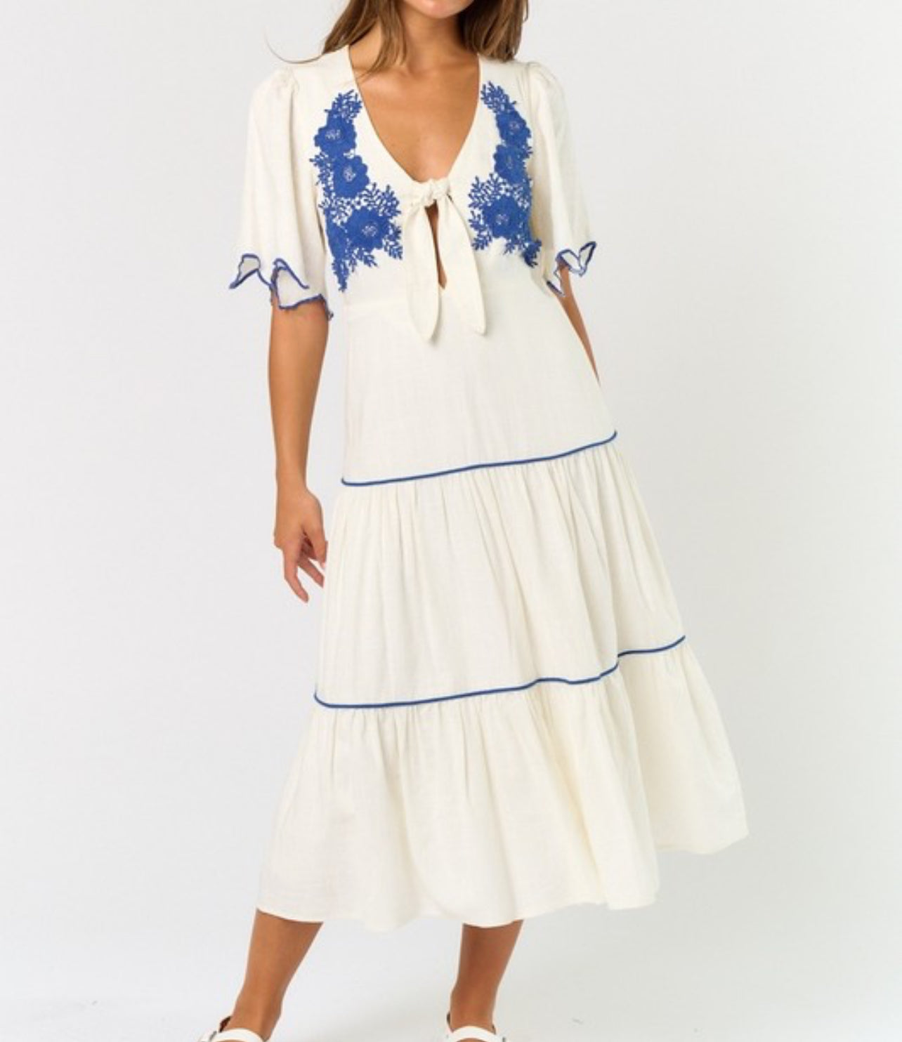 Lane Embroidered Short Sleeve Tiered Midi Dress