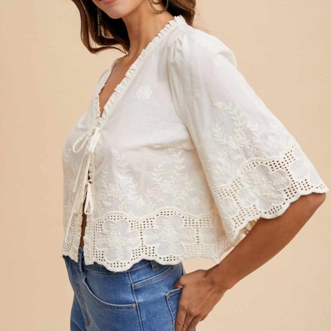 Emma Floral Embroidery Tie Front Top