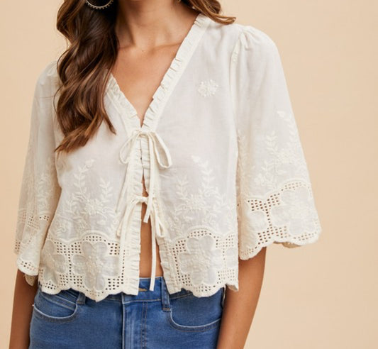 Emma Floral Embroidery Tie Front Top