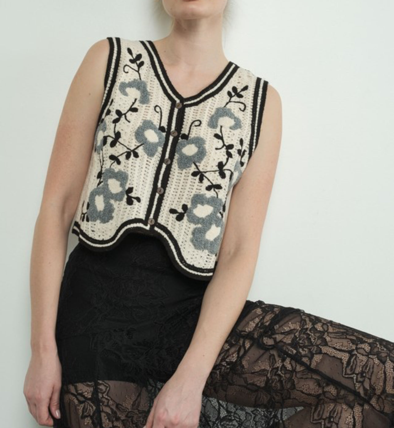 Embroidered Floral Crochet Vest