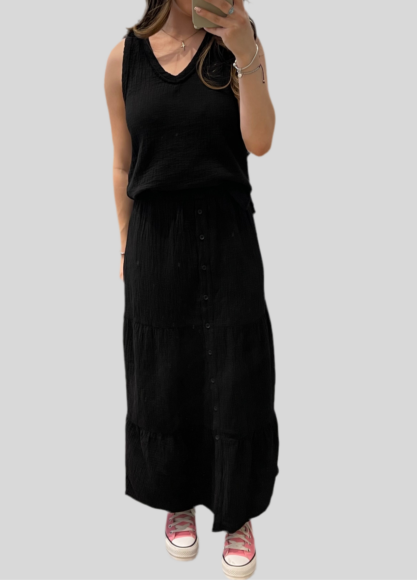 Bobi Beach Gauze Tiered Button Maxi Skirt