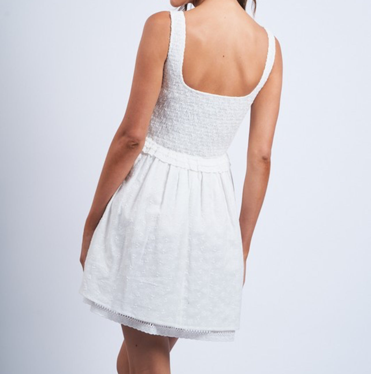 Lacie White Eyelet Smocked Lace Mini Dress