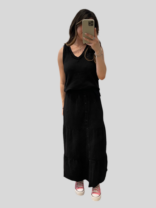 Bobi Beach Gauze Tiered Button Maxi Skirt