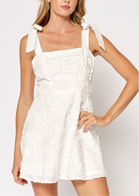 Flower Texture dress with Ribbon Shoulder Tie Mini Dress