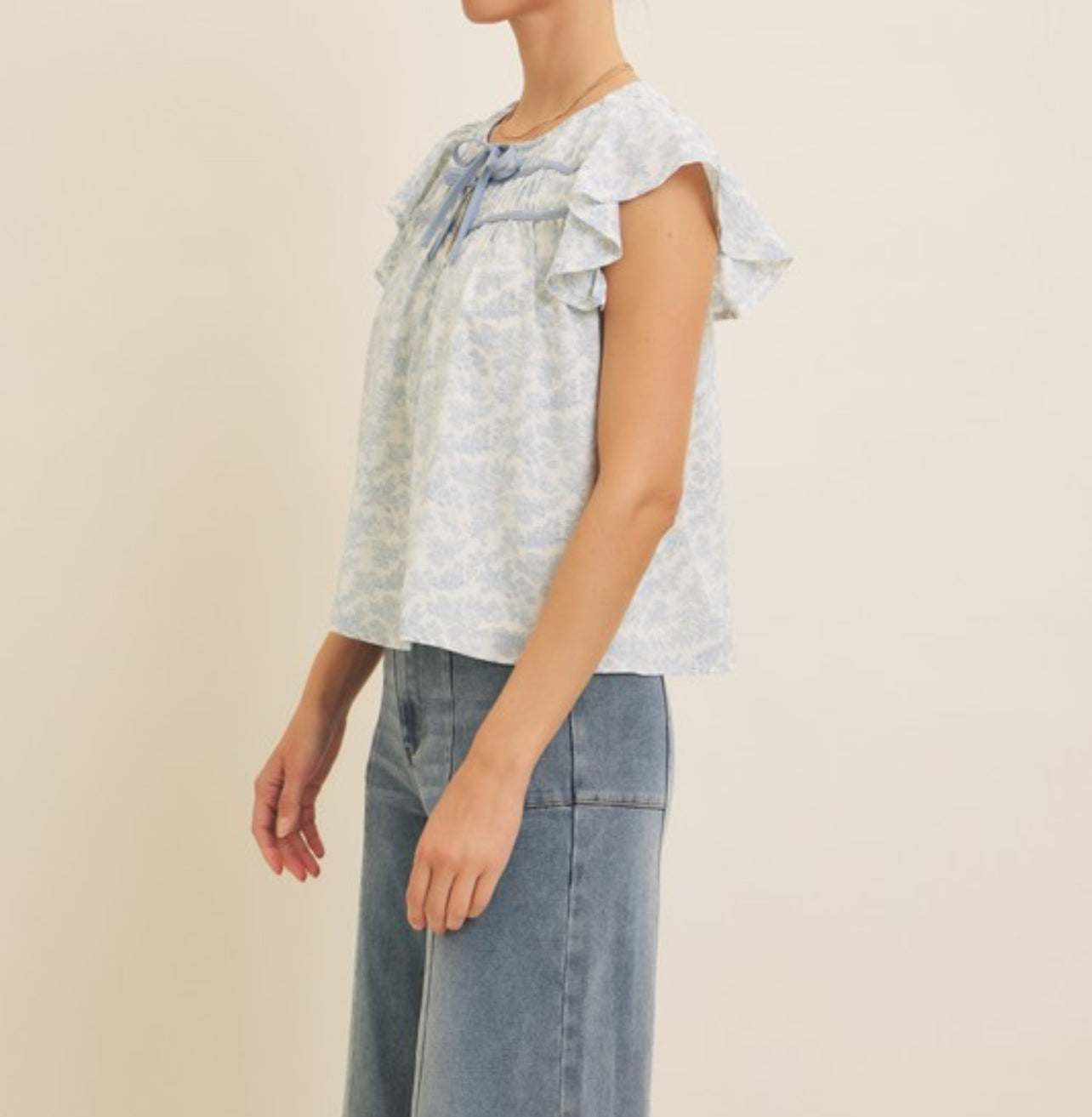 Iris Printed Top With Ruffled Short Sleeves