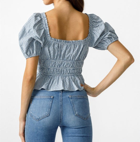 Addy Checkered Blue Gingham Top