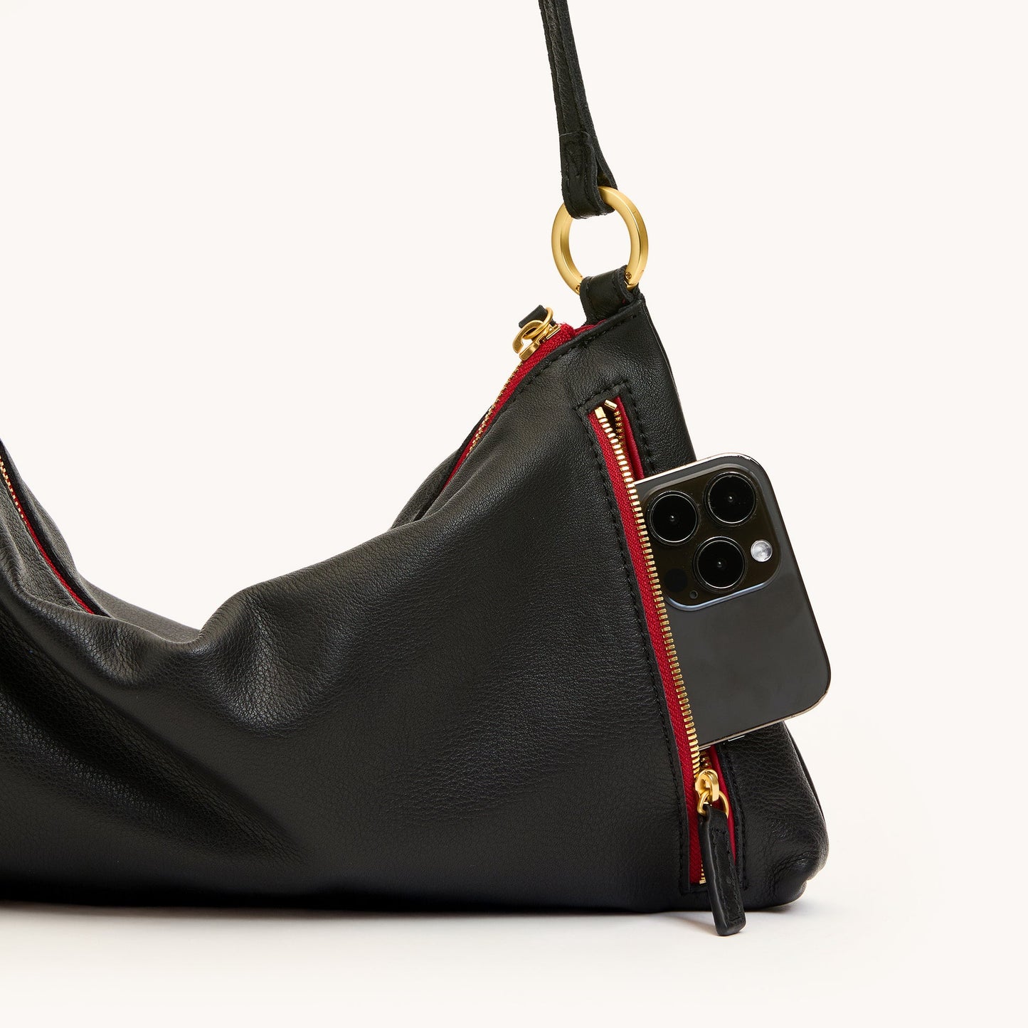 Hammitt| Kyle Medium Leather Shoulder Bag Black/Brushed Gold Red Zip