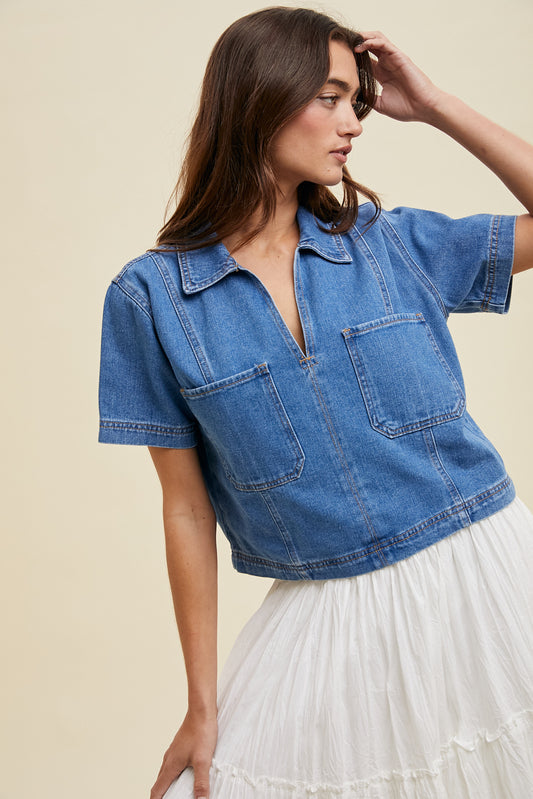 Sandy Collared Denim Top With Pockets
