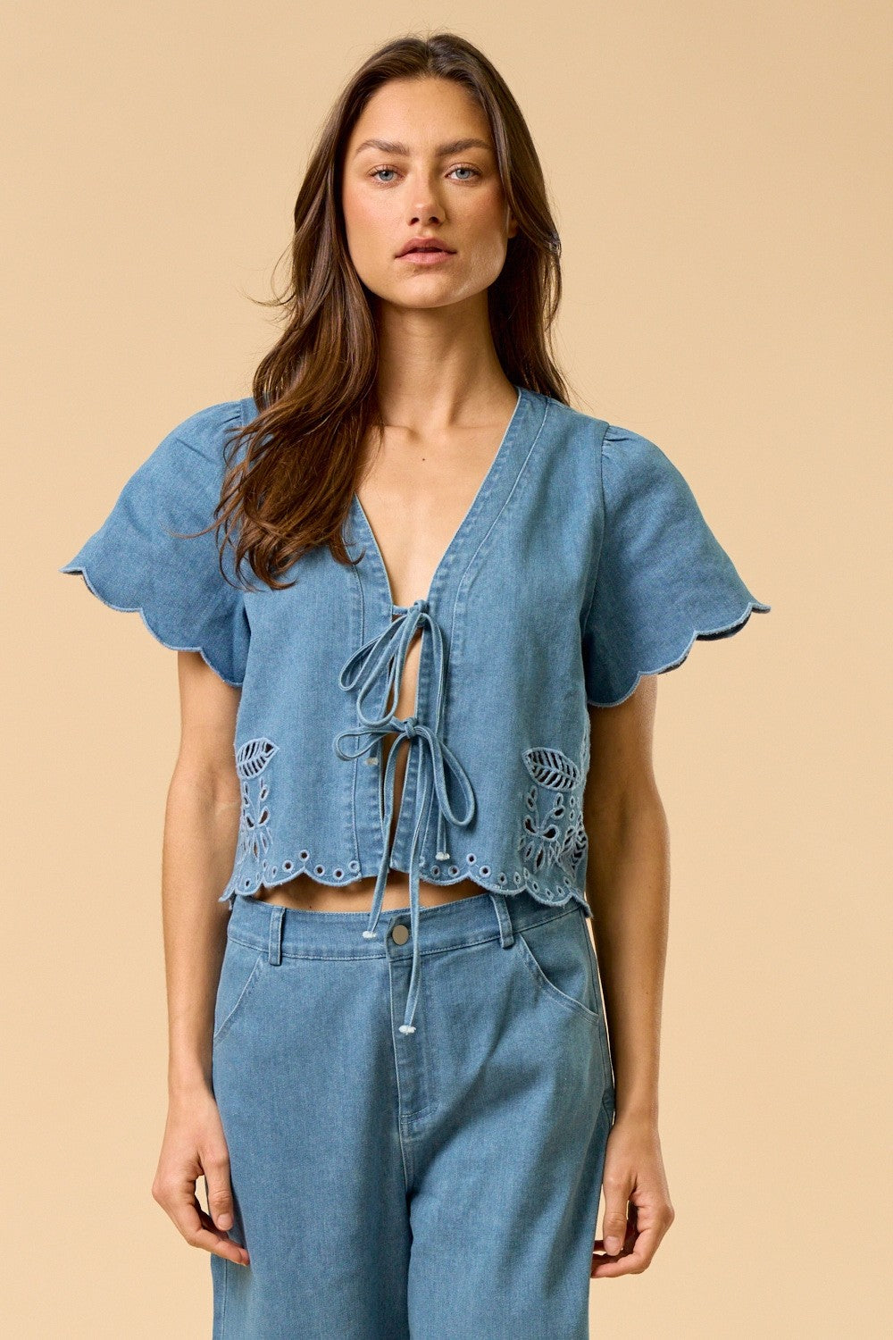 Teri Front Tie Floral Embroidery Denim Top