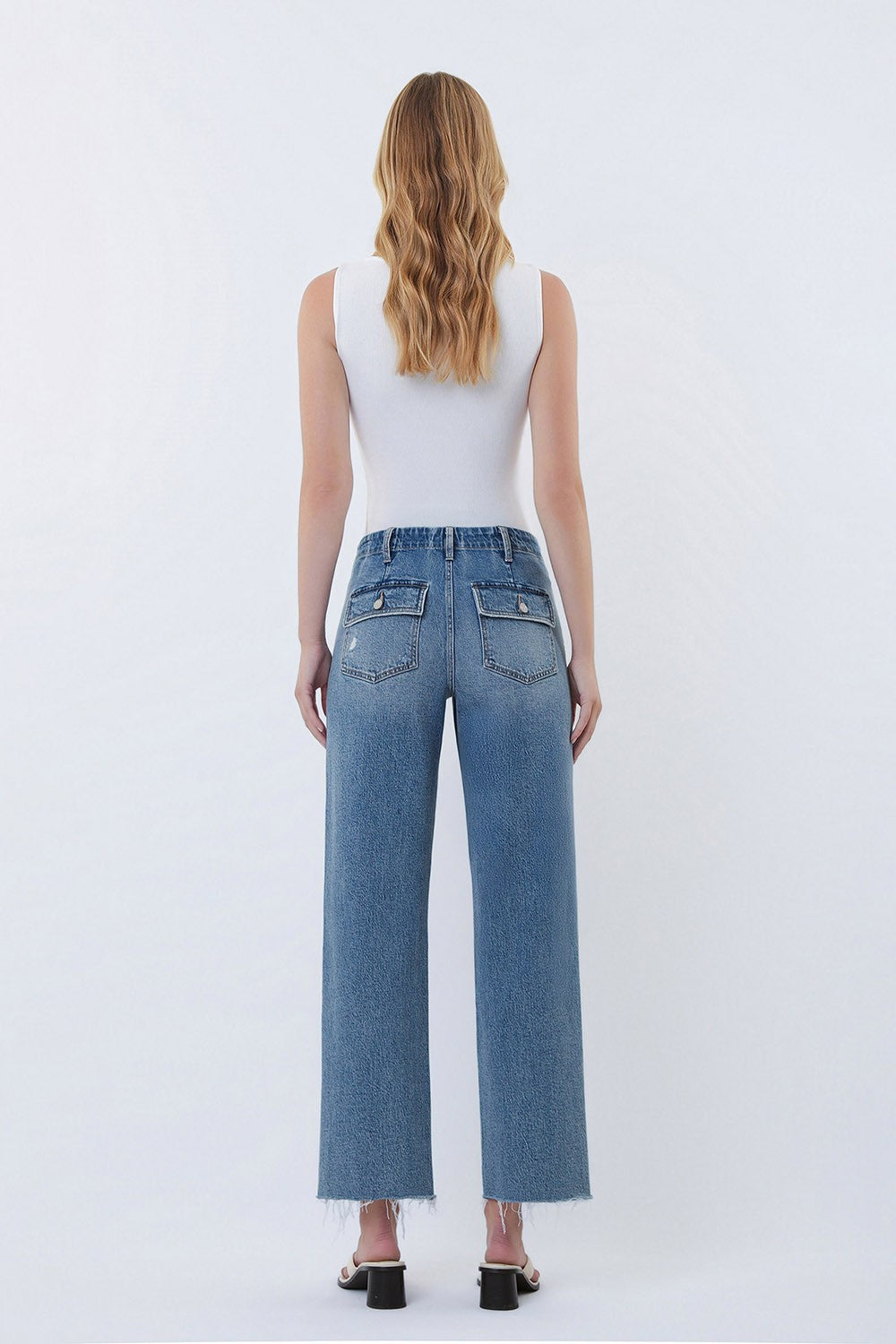 High Rise Patch Pocket Slim Wide Jeans