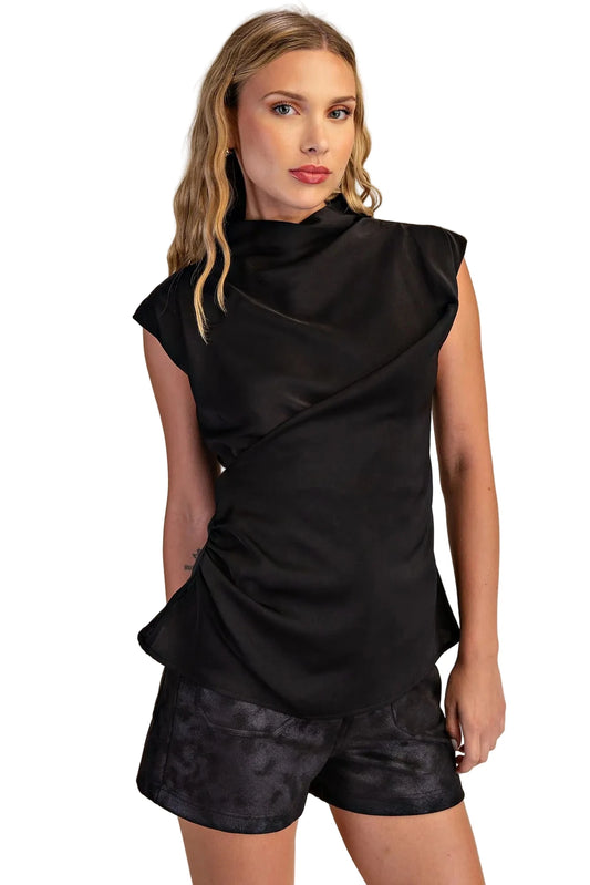 Luna Asymmetrical Draped Mock Neck Satin Top