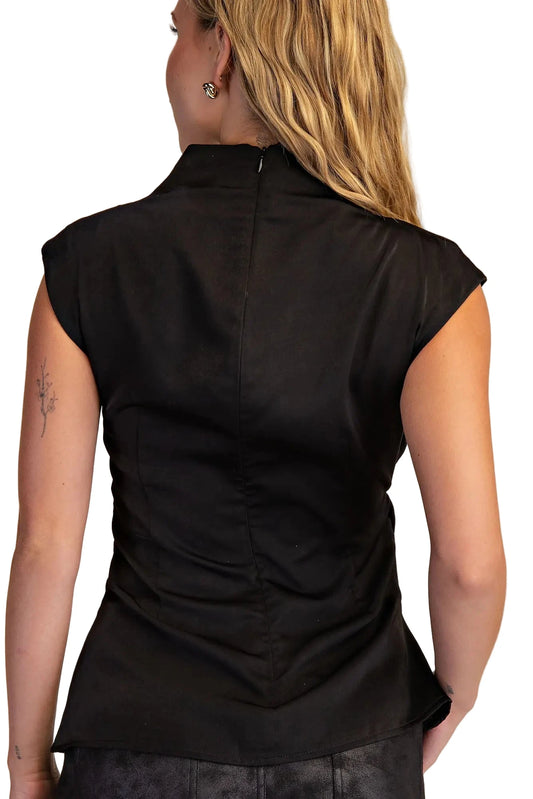 Luna Asymmetrical Draped Mock Neck Satin Top