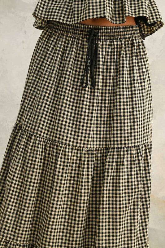 Lane Gingham Pattern Tiered Maxi Skirt