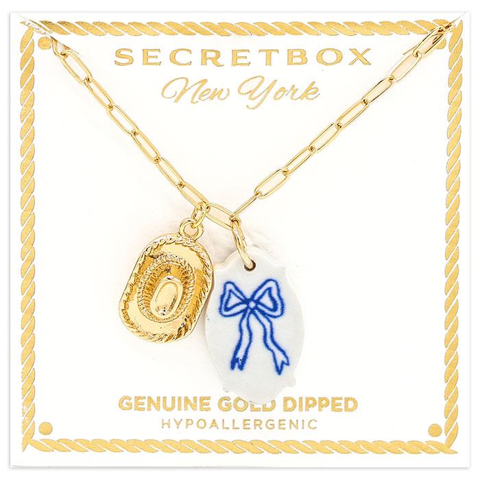 Blue Bow Ceramic Necklace with Cowboy Hat Charm