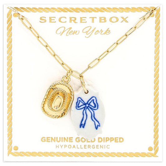 Blue Bow Ceramic Necklace with Cowboy Hat Charm