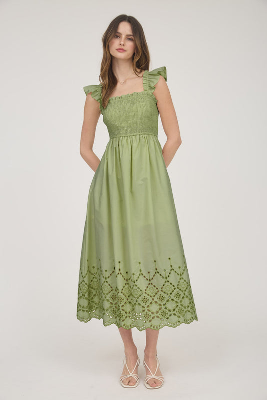Ava Smocked Ruffle Sleeve Eyelet Hem Midi Dress