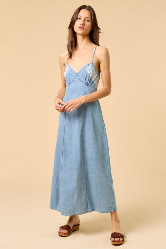 Rae Denim Maxi dress With Trim detail