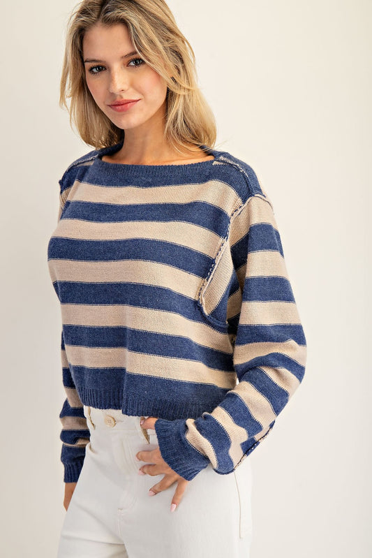 Brenda Striped Boat Neck Cropped Sweater