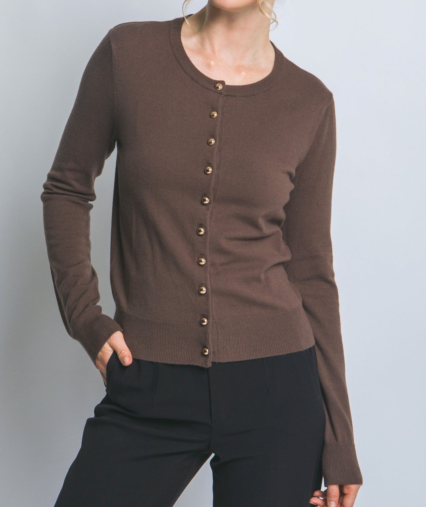 Gia Round Neck Golden Button Up Cardigan