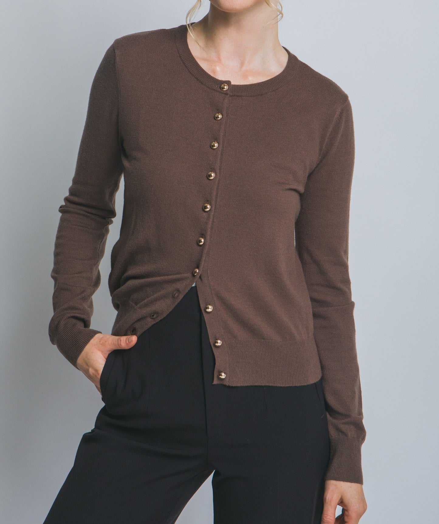 Gia Round Neck Golden Button Up Cardigan