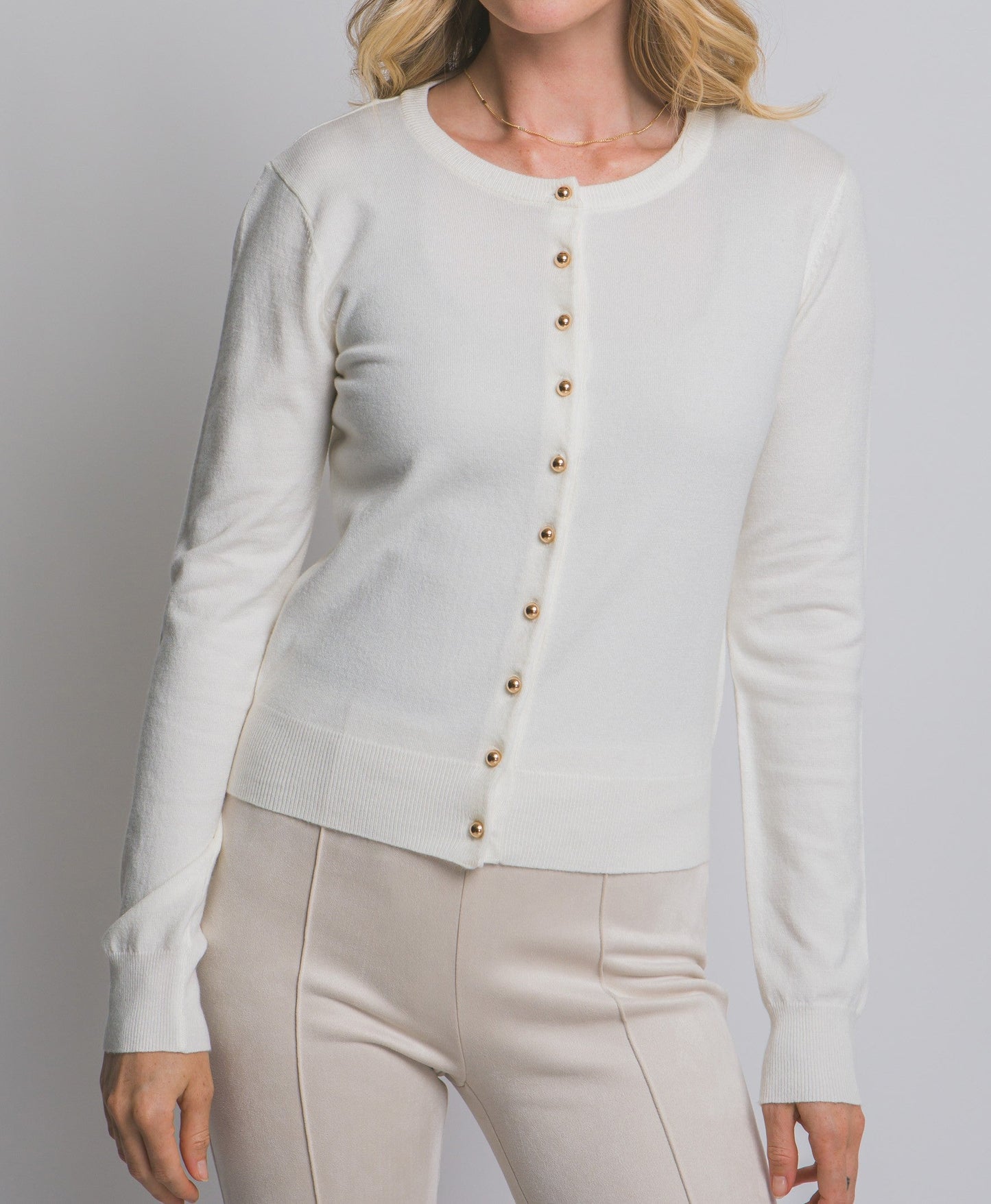 Gia Round Neck Golden Button Up Cardigan