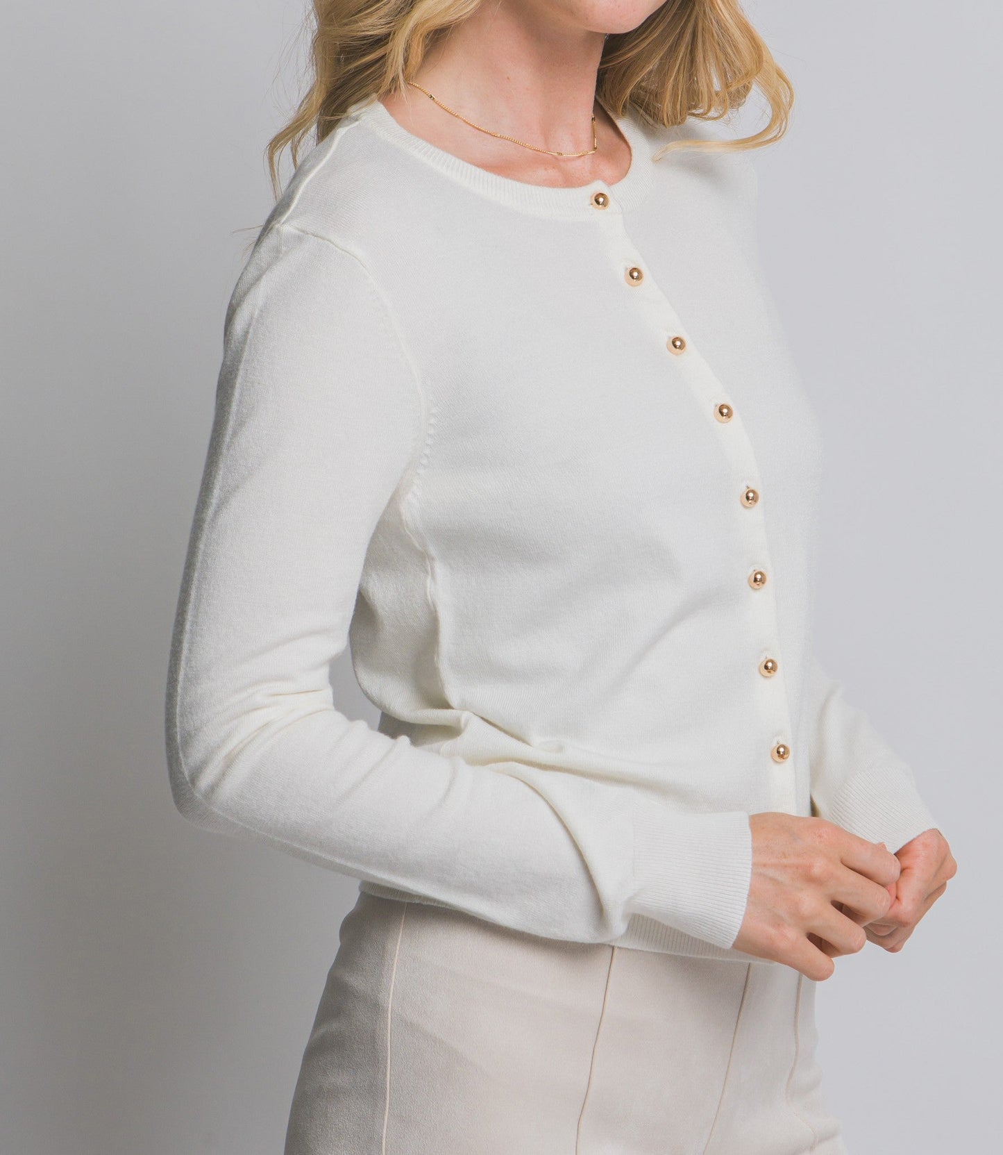 Gia Round Neck Golden Button Up Cardigan