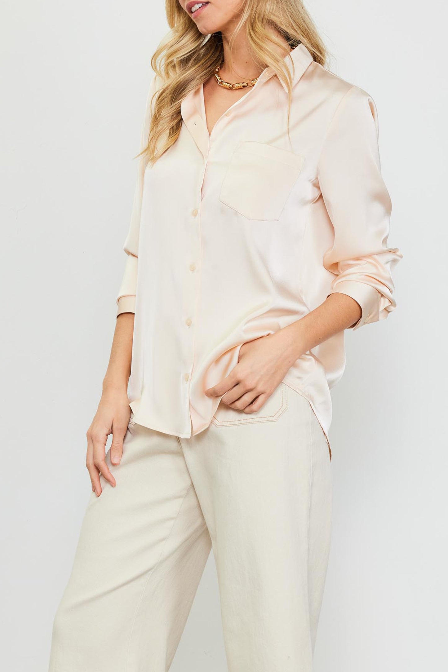 Hope Long Sleeve Satin Button Down Shirt With Pocket