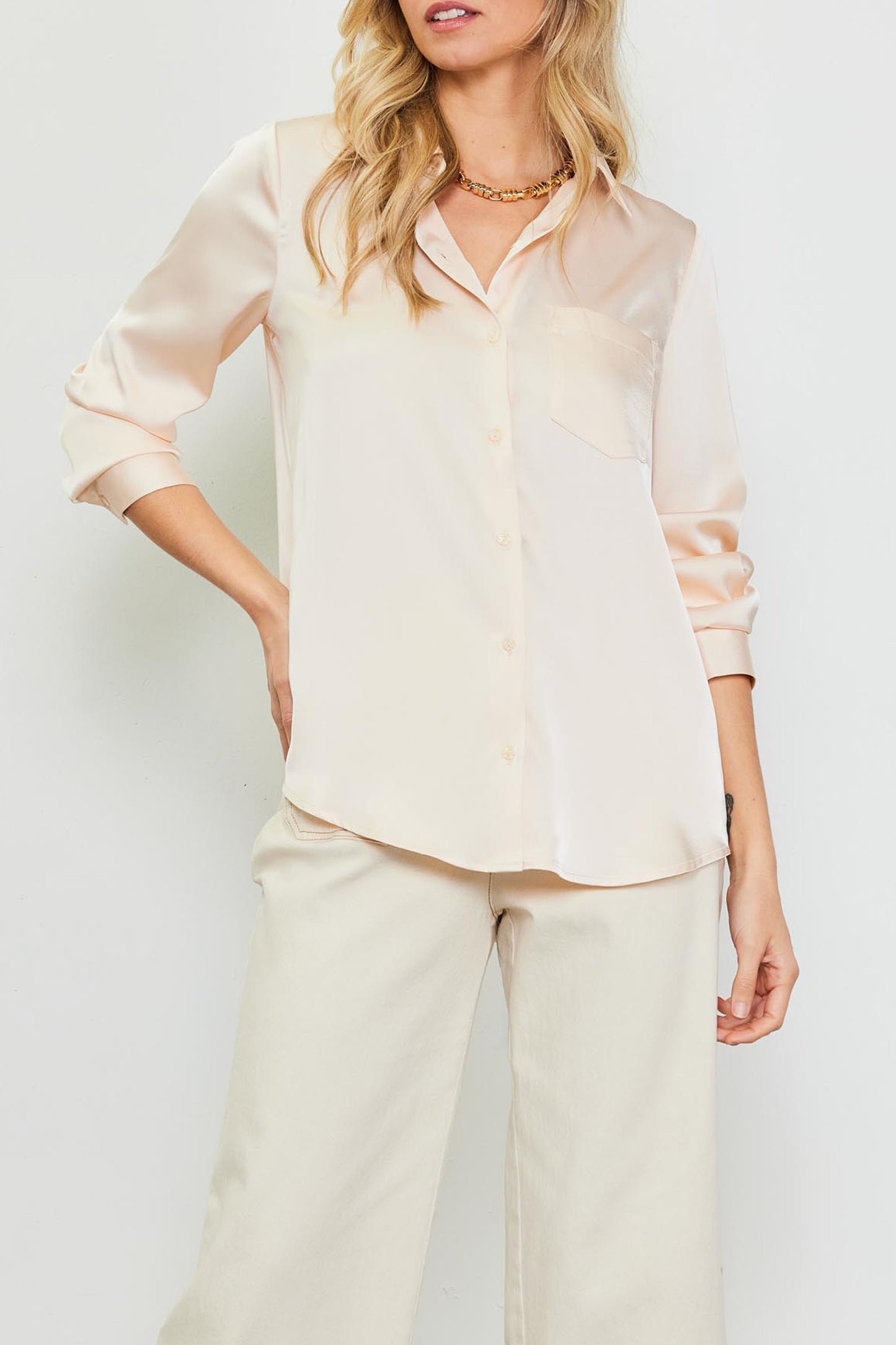 Hope Long Sleeve Satin Button Down Shirt With Pocket
