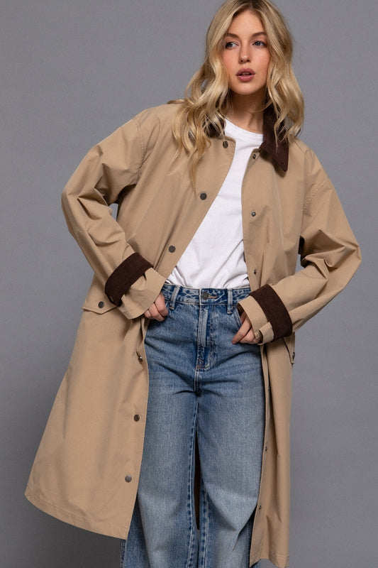 Chic Contrast Collar Long Trench Coat