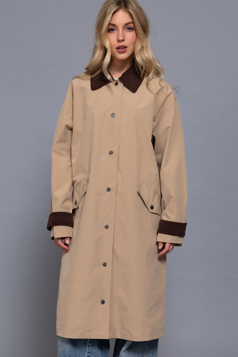 Chic Contrast Collar Long  Trench Coat