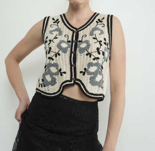 Embroidered Floral Crochet Vest
