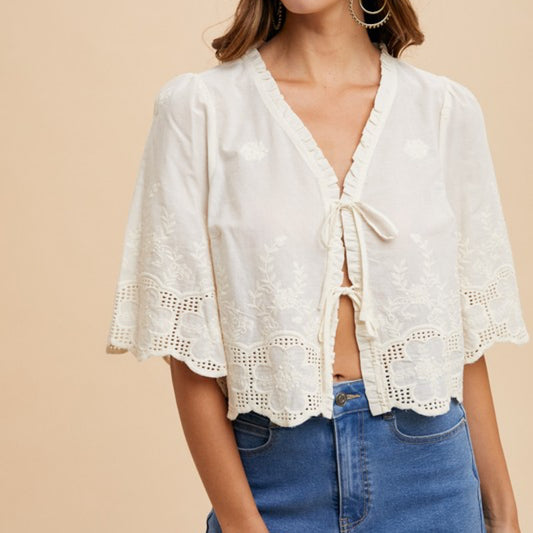 Emma Floral Embroidery Tie Front Top