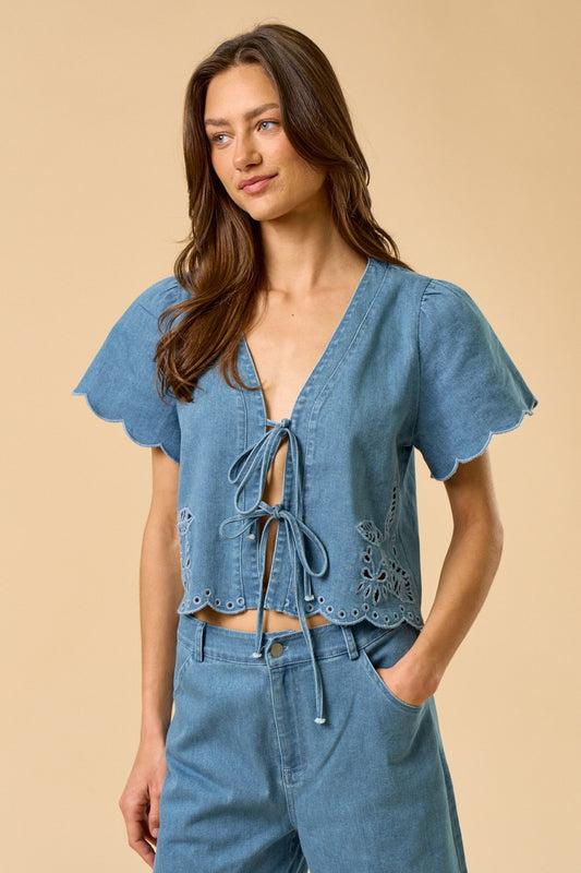 Teri Front Tie Floral Embroidery Denim Top