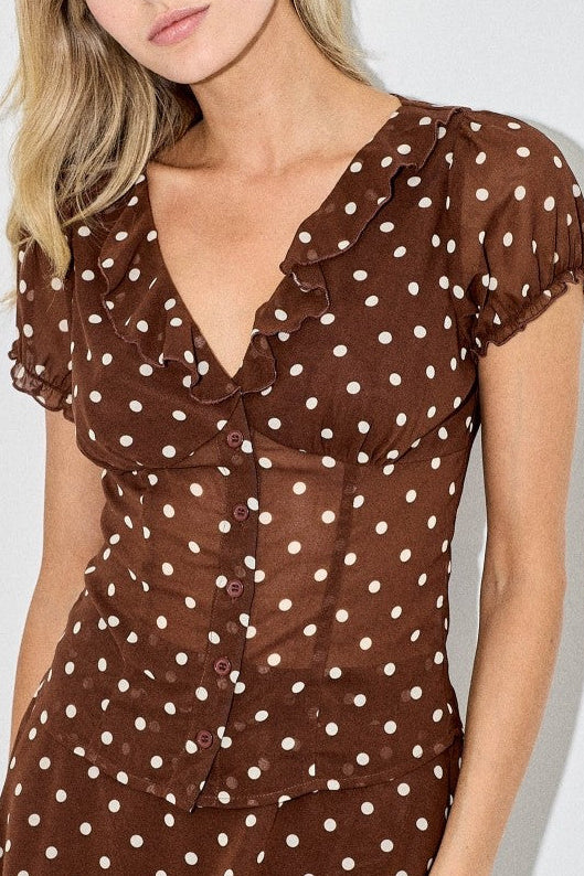 Polka Dot Short Sleeve V-Neck Sheer Top