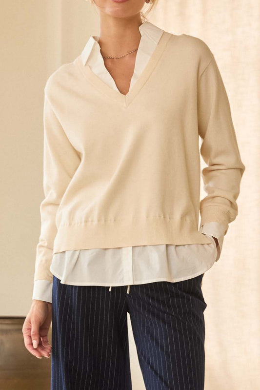 Teri Layered Look V-neck Mixed Media Sweater