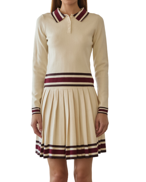 Leni Cream & Burgundy Collard 3 Button Top