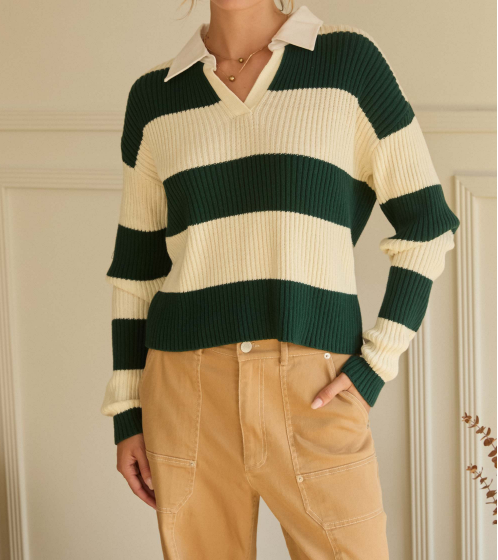 Juna Striped Ribbed Knit Polo Sweater