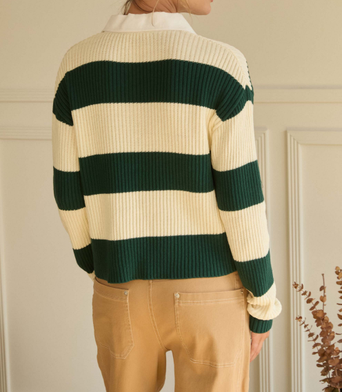 Juna Striped Ribbed Knit Polo Sweater