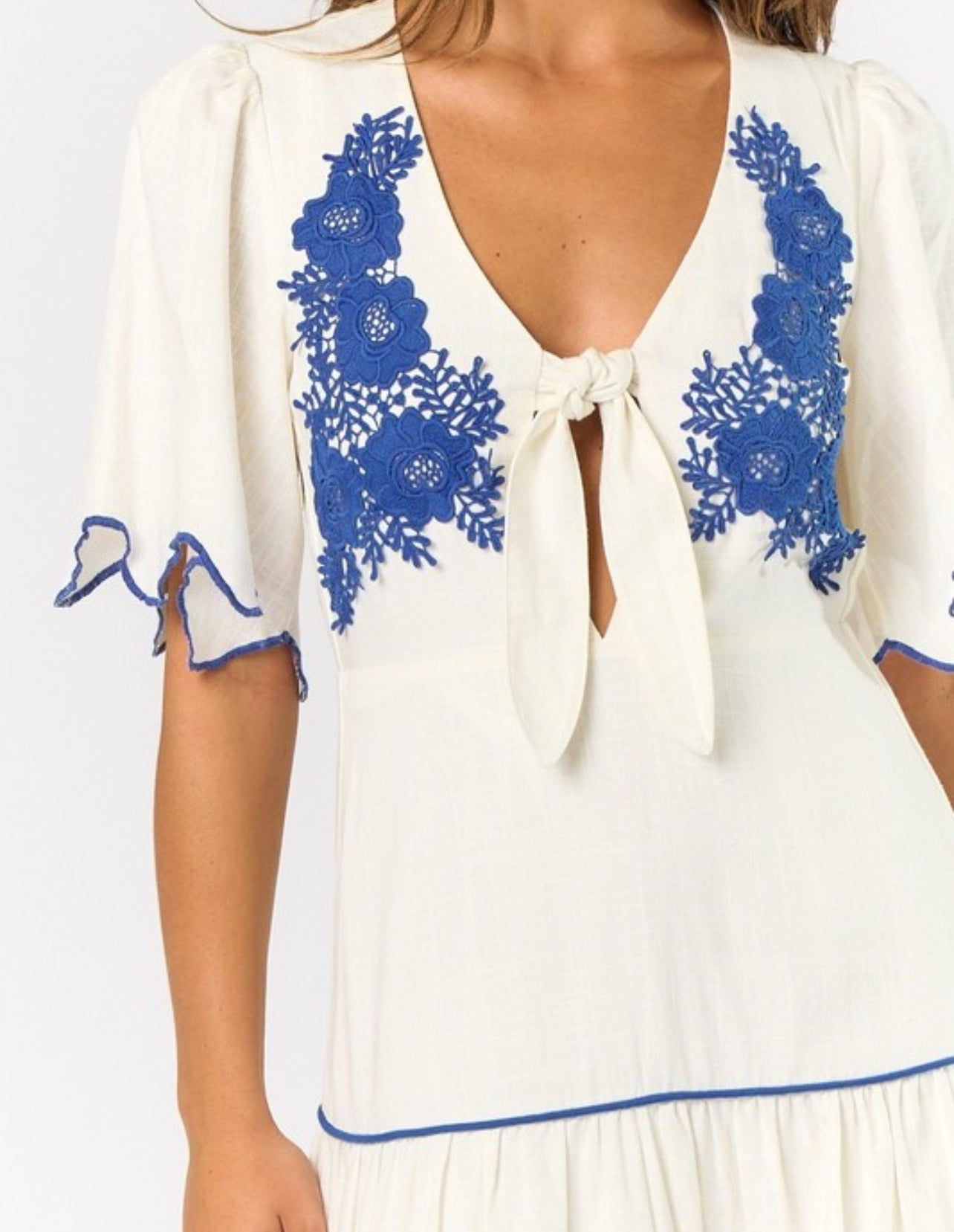 Lane Embroidered Short Sleeve Tiered Midi Dress