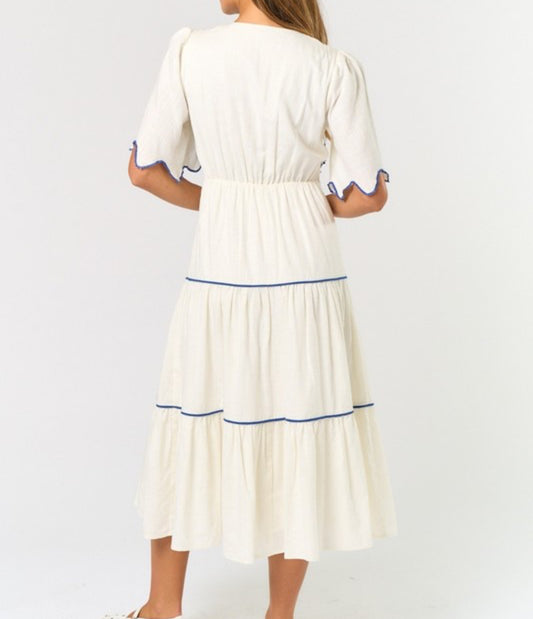 Lane Embroidered Short Sleeve Tiered Midi Dress