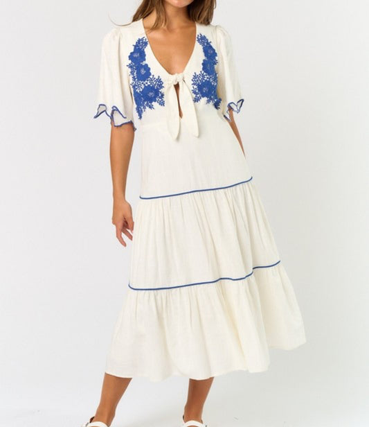 Lane Embroidered Short Sleeve Tiered Midi Dress