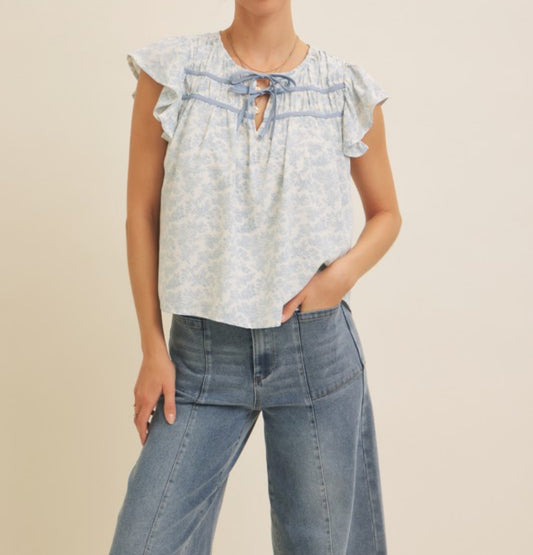 Iris Printed Top With Ruffled Short Sleeves