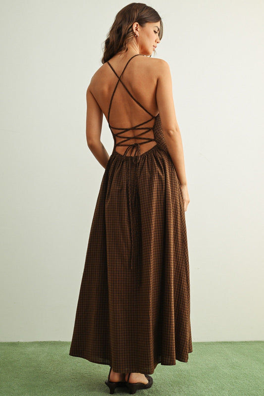 Nikki Gingham Pattern Brown Maxi Dress
