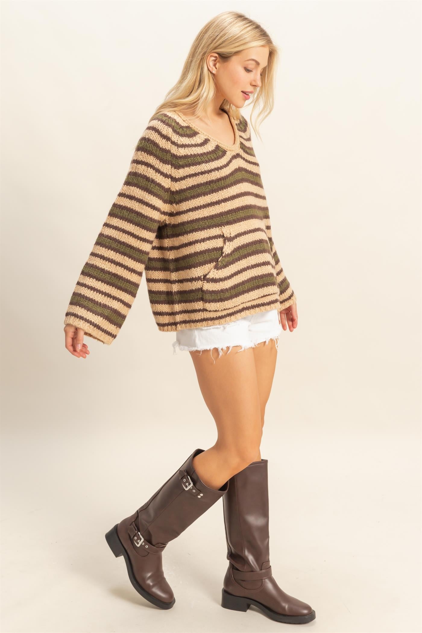 Aria Kangaroo Pocket Detail Striped Pullover